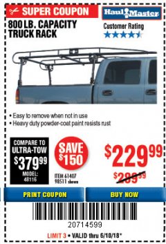 Harbor Freight Coupon 800 LB. CAPACITY FULL SIZE TRUCK RACK Lot No. 61407/98511 Expired: 6/10/18 - $229.99