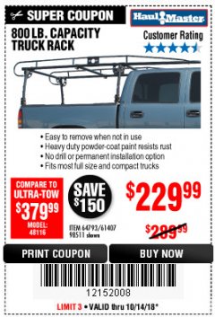 Harbor Freight Coupon 800 LB. CAPACITY FULL SIZE TRUCK RACK Lot No. 61407/98511 Expired: 10/14/18 - $229.99