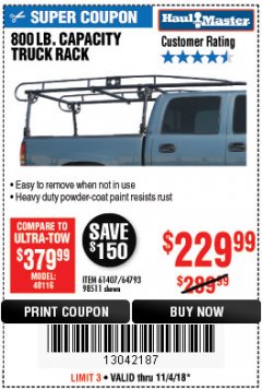Harbor Freight Coupon 800 LB. CAPACITY FULL SIZE TRUCK RACK Lot No. 61407/98511 Expired: 11/4/18 - $229.99