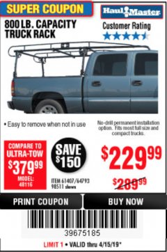 Harbor Freight Coupon 800 LB. CAPACITY FULL SIZE TRUCK RACK Lot No. 61407/98511 Expired: 4/15/19 - $229.99