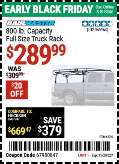 Harbor Freight Coupon 800 LB. CAPACITY FULL SIZE TRUCK RACK Lot No. 61407/98511 Expired: 1/20/22 - $289.99