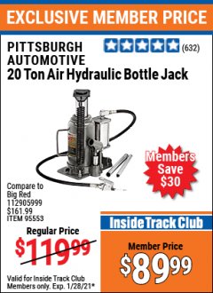 Harbor Freight ITC Coupon 20 TON AIR/HYDRAULIC BOTTLE JACK Lot No. 59426 Expired: 1/28/21 - $89.99