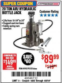 Harbor Freight Coupon 20 TON AIR/HYDRAULIC BOTTLE JACK Lot No. 59426 Expired: 9/3/18 - $89.99