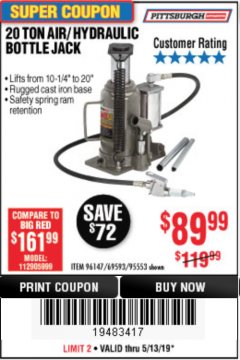 Harbor Freight Coupon 20 TON AIR/HYDRAULIC BOTTLE JACK Lot No. 59426 Expired: 5/13/19 - $89.99