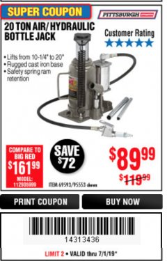 Harbor Freight Coupon 20 TON AIR/HYDRAULIC BOTTLE JACK Lot No. 59426 Expired: 6/30/19 - $89.99