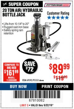 Harbor Freight Coupon 20 TON AIR/HYDRAULIC BOTTLE JACK Lot No. 59426 Expired: 9/22/19 - $89.99