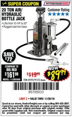 Harbor Freight Coupon 20 TON AIR/HYDRAULIC BOTTLE JACK Lot No. 59426 Expired: 11/30/19 - $89.99