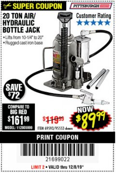 Harbor Freight Coupon 20 TON AIR/HYDRAULIC BOTTLE JACK Lot No. 59426 Expired: 12/8/19 - $89.99