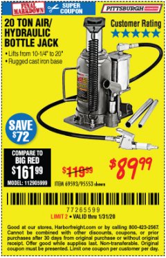 Harbor Freight Coupon 20 TON AIR/HYDRAULIC BOTTLE JACK Lot No. 59426 Expired: 1/31/20 - $89.99