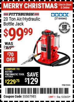 Harbor Freight Coupon 20 TON AIR/HYDRAULIC BOTTLE JACK Lot No. 59426 Expired: 12/24/23 - $99.99