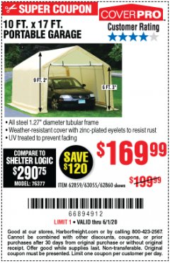 Harbor Freight Coupon COVERPRO 10 FT. X 17 FT. PORTABLE GARAGE Lot No. 62859, 63055, 62860 Expired: 6/30/20 - $169.99