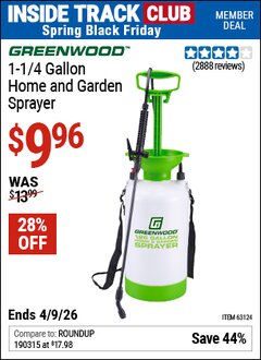 Harbor Freight ITC Coupon GREENWOOD 1-1/4 GALLON HOME AND GARDEN SPRAYER Lot No. 63124/63145 Expired: 4/9/26 - $9.96