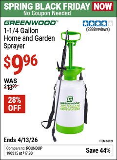 Harbor Freight Coupon GREENWOOD 1-1/4 GALLON HOME AND GARDEN SPRAYER Lot No. 63124/63145 Expired: 4/12/26 - $9.96