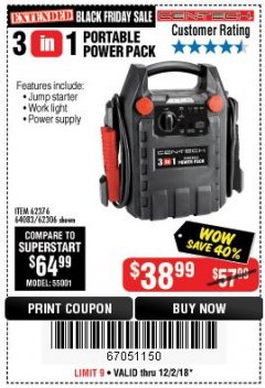 Harbor Freight Coupon 3-IN-1 PORTABLE POWER PACK WITH JUMP STARTER Lot No. 38391/60657/62306/62376/64083 Expired: 12/2/18 - $38.99