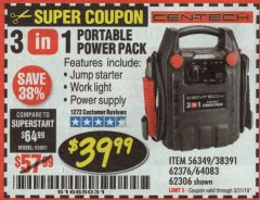 Harbor Freight Coupon 3-IN-1 PORTABLE POWER PACK WITH JUMP STARTER Lot No. 38391/60657/62306/62376/64083 Expired: 3/31/19 - $39.99
