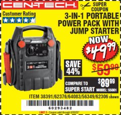 Harbor Freight Coupon 3-IN-1 PORTABLE POWER PACK WITH JUMP STARTER Lot No. 38391/60657/62306/62376/64083 Expired: 6/30/20 - $49.99