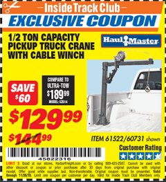 Harbor Freight ITC Coupon 1/2 TON CAPACITY PICKUP CRANE WITH CABLE WINCH Lot No. 61522/60731/37555 Expired: 11/30/18 - $129.99