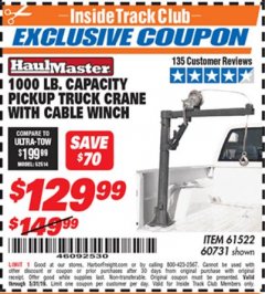 Harbor Freight ITC Coupon 1/2 TON CAPACITY PICKUP CRANE WITH CABLE WINCH Lot No. 61522/60731/37555 Expired: 5/31/19 - $129.99
