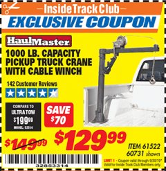 Harbor Freight ITC Coupon 1/2 TON CAPACITY PICKUP CRANE WITH CABLE WINCH Lot No. 61522/60731/37555 Expired: 9/30/19 - $129.99