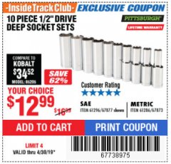 Harbor Freight ITC Coupon 10 PIECE, 1/2" DRIVE HIGH VISIBILITY DEEP WALL SOCKET SETS Lot No. 61296/67877/67873/61286 Expired: 4/30/19 - $12.99