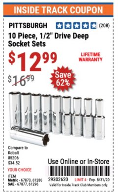 Harbor Freight ITC Coupon 10 PIECE, 1/2" DRIVE HIGH VISIBILITY DEEP WALL SOCKET SETS Lot No. 61296/67877/67873/61286 Expired: 8/31/20 - $12.99