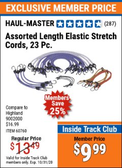 Harbor Freight ITC Coupon 23 PIECE ASSORTED LENGTH ELASTIC STRETCH CORDS Lot No. 60760/46736 Expired: 10/31/20 - $9.99