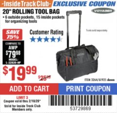 Harbor Freight ITC Coupon 20" ROLLAWAY TOOL BAG Lot No. 3264/61925 Expired: 2/18/20 - $19.99