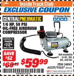 Harbor Freight ITC Coupon 58 PSI OILLESS AIRBRUSH COMPRESSOR Lot No. 69433/60329/93657 Expired: 10/31/19 - $59.99