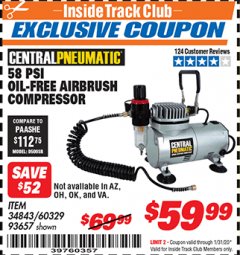 Harbor Freight ITC Coupon 58 PSI OILLESS AIRBRUSH COMPRESSOR Lot No. 69433/60329/93657 Expired: 1/31/20 - $59.99