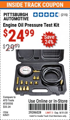 Harbor Freight ITC Coupon ENGINE OIL PRESSURE TEST KIT Lot No. 62621/98949 Expired: 8/31/20 - $24.99