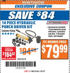 Harbor Freight ITC Coupon 14 PIECE HYDRAULIC PUNCH DRIVER KIT Lot No. 96718/56411 Expired: 1/9/19 - $79.99