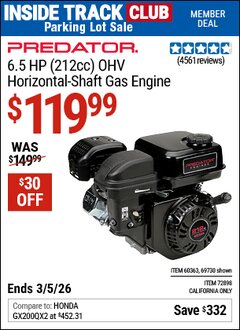 Harbor Freight ITC Coupon PREDATOR 6.5 HP (212CC) OHV HORIZONTAL-SHAFT GAS ENGINE, EPA Lot No. 69730/60363/72898 Expired: 3/5/26 - $119.99