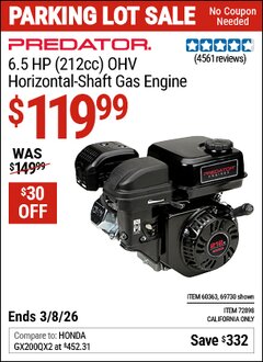 Harbor Freight Coupon PREDATOR 6.5 HP (212CC) OHV HORIZONTAL-SHAFT GAS ENGINE, EPA Lot No. 69730/60363/72898 Expired: 3/8/26 - $119.99