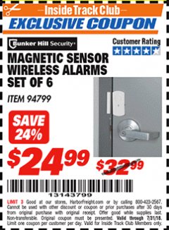 Harbor Freight ITC Coupon WIRELESS ALARMS WITH MAGNETIC SENSOR - SET OF 6 Lot No. 94799 Expired: 7/31/18 - $24.99