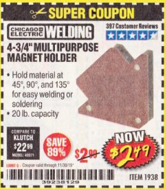 Harbor Freight Coupon 4-3/4" MULTIPURPOSE MAGNET HOLDER Lot No. 1938 Expired: 11/30/19 - $2.49