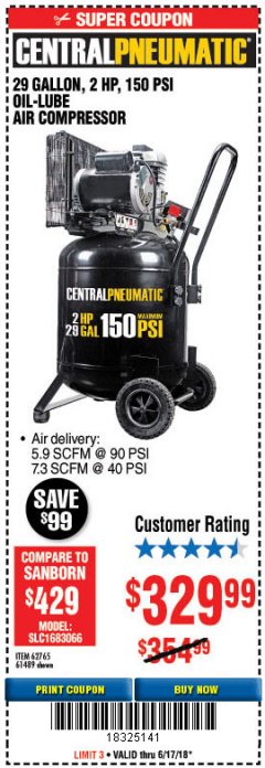 Harbor Freight Coupon 2 HP, 29 GALLON 150 PSI CAST IRON VERTICAL AIR COMPRESSOR Lot No. 62765/68127/69865/61489 Expired: 6/17/18 - $329.99