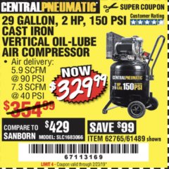 Harbor Freight Coupon 2 HP, 29 GALLON 150 PSI CAST IRON VERTICAL AIR COMPRESSOR Lot No. 62765/68127/69865/61489 Expired: 2/23/19 - $329.99