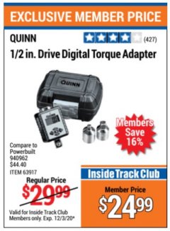 Harbor Freight ITC Coupon 1/2" DRIVE DIGITAL TORQUE ADAPTER Lot No. 68283/63917 Expired: 12/3/20 - $24.99