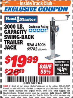 Harbor Freight ITC Coupon SWING-BACK TRAILER JACK Lot No. 41006/69782 Expired: 10/31/18 - $19.99