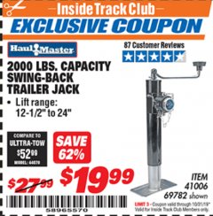 Harbor Freight ITC Coupon SWING-BACK TRAILER JACK Lot No. 41006/69782 Expired: 10/31/19 - $19.99