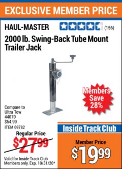 Harbor Freight ITC Coupon SWING-BACK TRAILER JACK Lot No. 41006/69782 Expired: 10/31/20 - $19.99