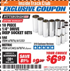 Harbor Freight ITC Coupon 10 PIECE HIGH VISIBILITY 1/4" DRIVE DEEP WALL SOCKET SETS Lot No. 67876/61333/61345/67874 Expired: 1/31/20 - $6.99