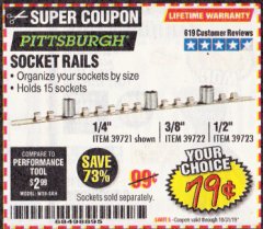 Harbor Freight Coupon SOCKET RAILS Lot No. 39721/39722/39723 Expired: 10/31/19 - $0.79
