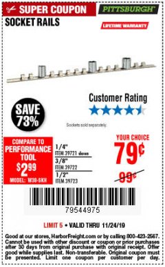 Harbor Freight Coupon SOCKET RAILS Lot No. 39721/39722/39723 Expired: 11/24/19 - $0.79