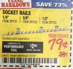 Harbor Freight Coupon SOCKET RAILS Lot No. 39721/39722/39723 Expired: 1/31/20 - $0.79