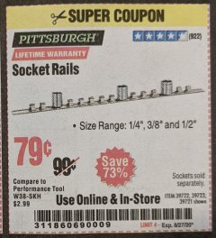 Harbor Freight Coupon SOCKET RAILS Lot No. 39721/39722/39723 Expired: 8/27/20 - $0.79