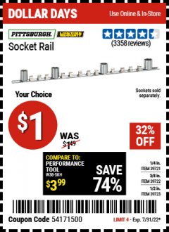 Harbor Freight Coupon SOCKET RAILS Lot No. 39721/39722/39723 Expired: 7/31/22 - $1