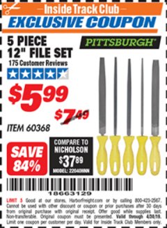 Harbor Freight ITC Coupon 5 PIECE 12" FILE SET Lot No. 7520/60368 Expired: 4/30/19 - $5.99