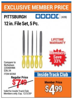 Harbor Freight ITC Coupon 5 PIECE 12" FILE SET Lot No. 7520/60368 Expired: 12/3/20 - $4.99