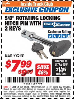Harbor Freight ITC Coupon 5/8" ROTATING LOCKING HITCH PIN WITH 2 KEYS Lot No. 99548 Expired: 11/30/18 - $7.99